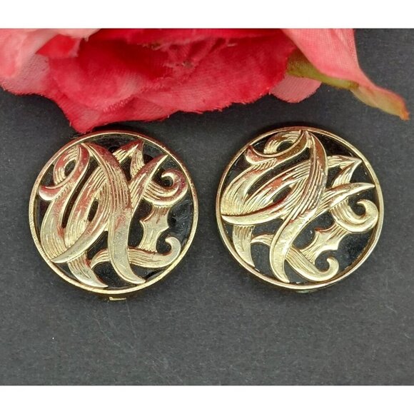 Vintage Bergere Clip On Earrings Large Circles Black Enamel & Gold Swirl Retro - Picture 4 of 7